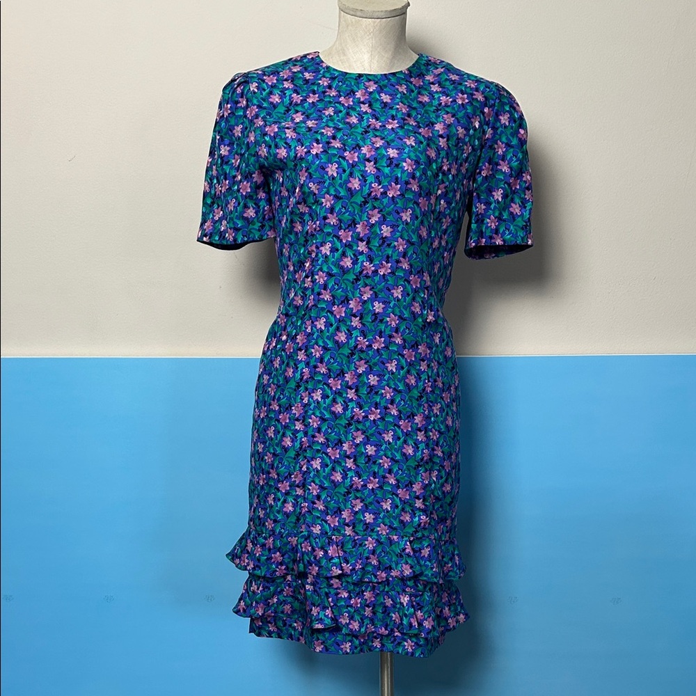 Vintage Maggy London Silk Floral Green Blue Ruffle Skirt Mini Dress size 2